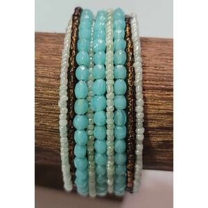 Seed Bead Cuff Bracelet Memory Wire Blue White & Bronze Colored Boho Hippie